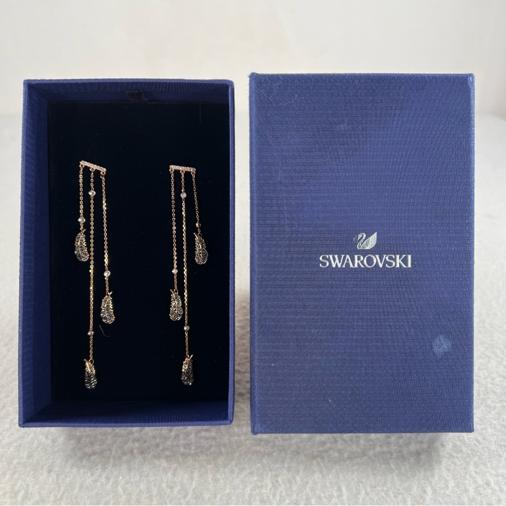 SWAROVSKI Naughty Chandelier Feather Pierced Earrings 5497873 Rose Gold-Tone EUC